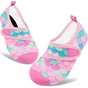 imageVIFUUR Kids Water Shoes Boys Girls Barefoot Water Sports Socks HookampLoop Beach Shoes Quick Dry Aqua Socks Swim Walking Outdoor Sports for ToddlerFish Scales Pink
