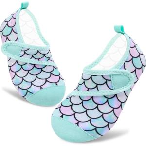 imageVIFUUR Kids Water Shoes Boys Girls Barefoot Water Sports Socks HookampLoop Beach Shoes Quick Dry Aqua Socks Swim Walking Outdoor Sports for ToddlerFish Scales Green