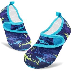 imageVIFUUR Kids Water Shoes Boys Girls Barefoot Water Sports Socks HookampLoop Beach Shoes Quick Dry Aqua Socks Swim Walking Outdoor Sports for ToddlerPurple Yellow Fish
